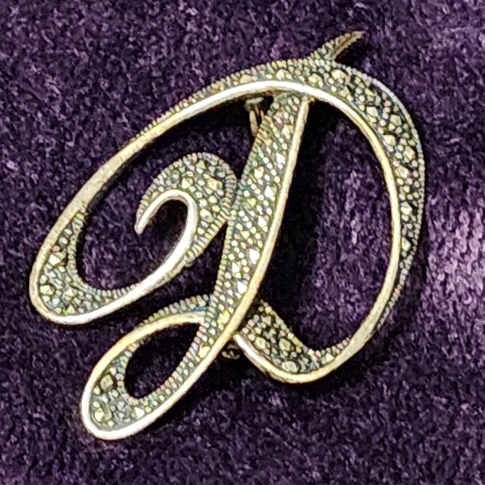 STERLING SILVER CHINA MARCASITE HEMATITE STONES "D" MONOGRAM INITIAL BROOCH 925A